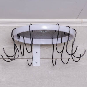 Circular ceiling-mounted rack with black hooks